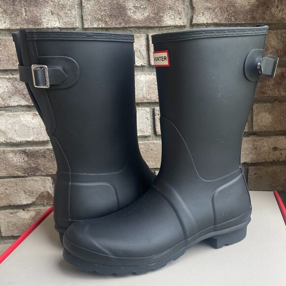 HUNTER ORIGINAL SHORT BACK ADJUSTABLE BOOT 8 Women's Outdoor Rain Black Rubber - Picture 1 of 9